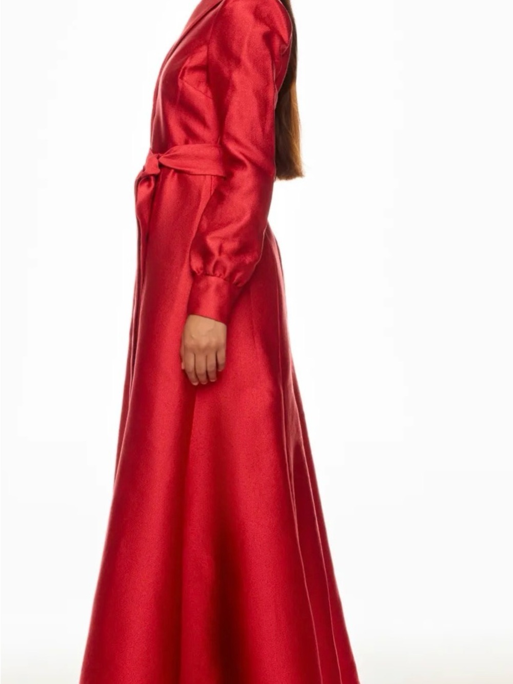Badgley Mischka Red Satin Long-Sleeve Maxi with Waist Tie